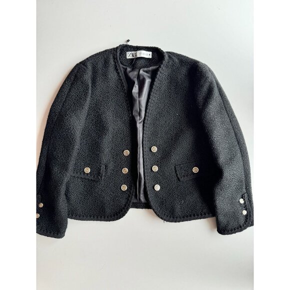 NWOT ZARA Black Textured Boucle Tweed Buttoned Open Front Blazer Jacket, Size M - Picture 5 of 16